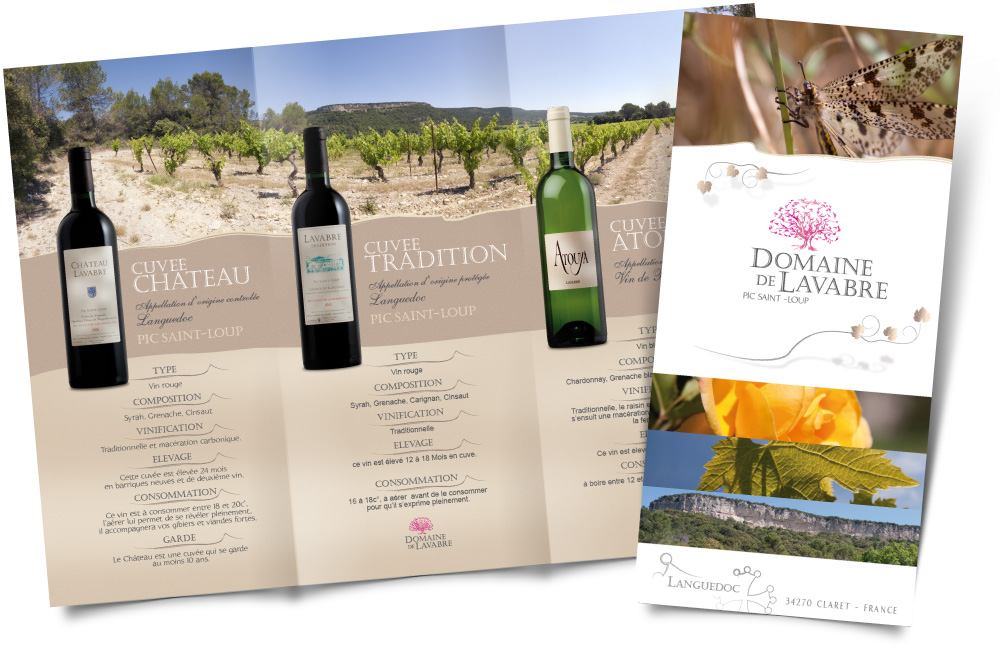 Graphiste vin : design du dépliant du Domaine de Lavabre situé en Pic Saint Loup