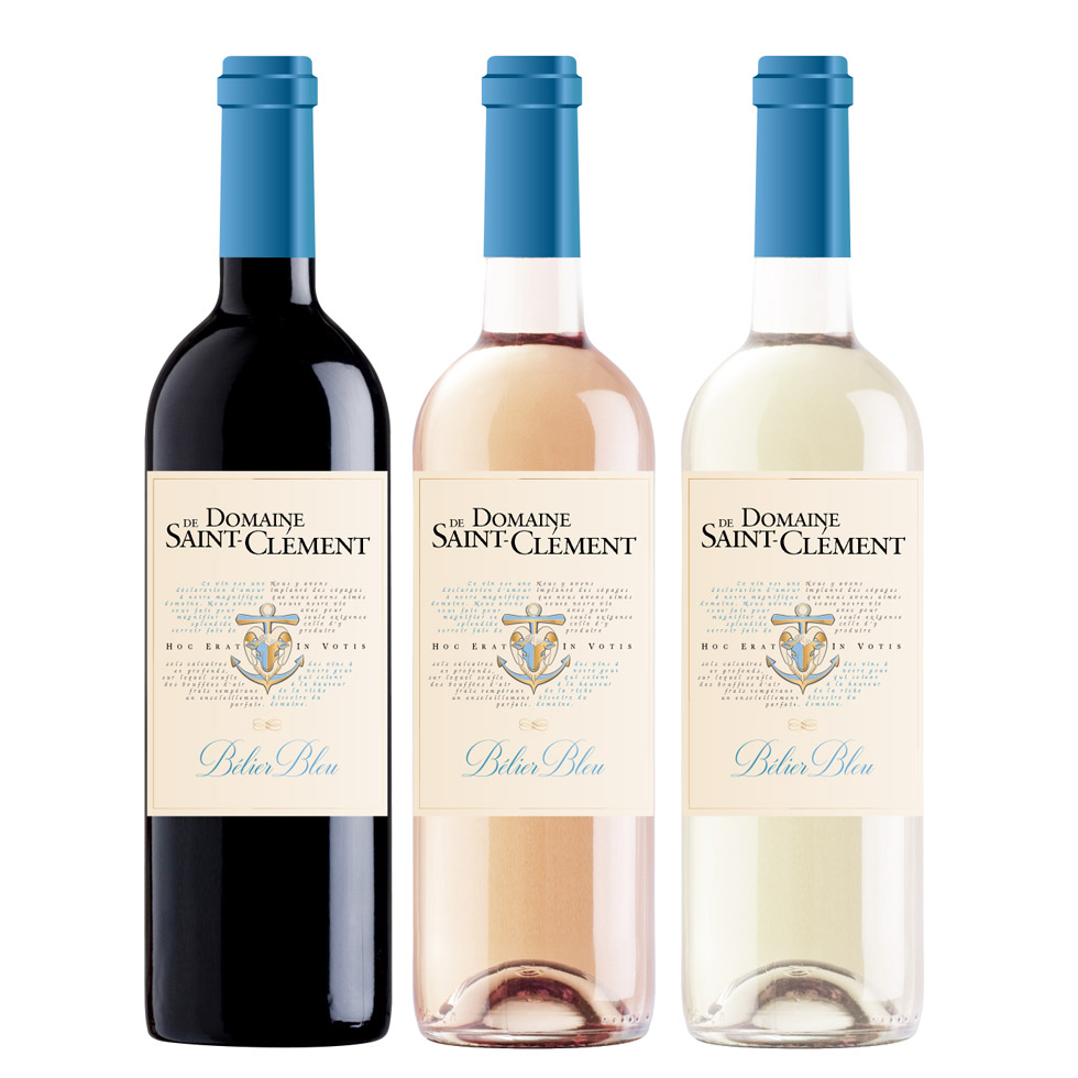 Design de l'étiquette de vin rouge, rosé et blanc de la cuvée Bélier Bleu