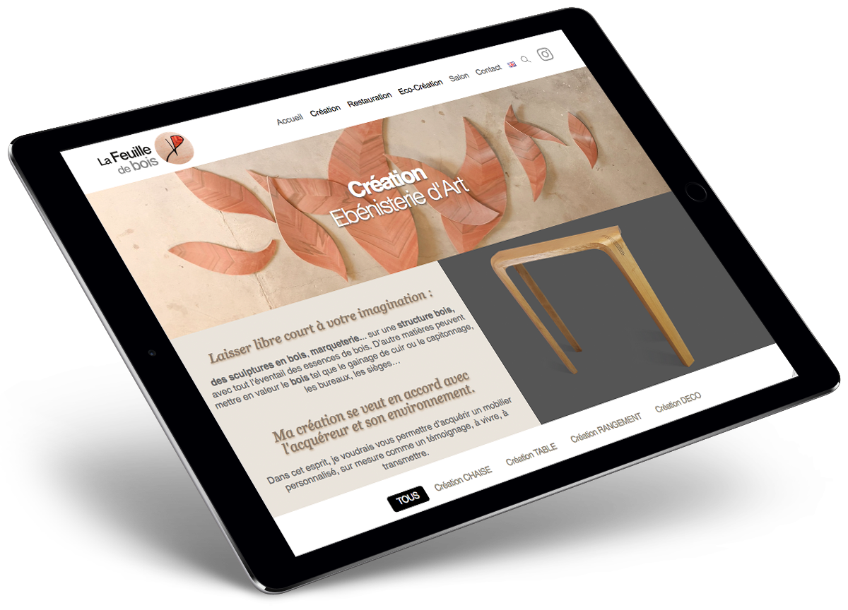 Graphiste artisanat : Web-design d'un site d'ébeniste sur tablette